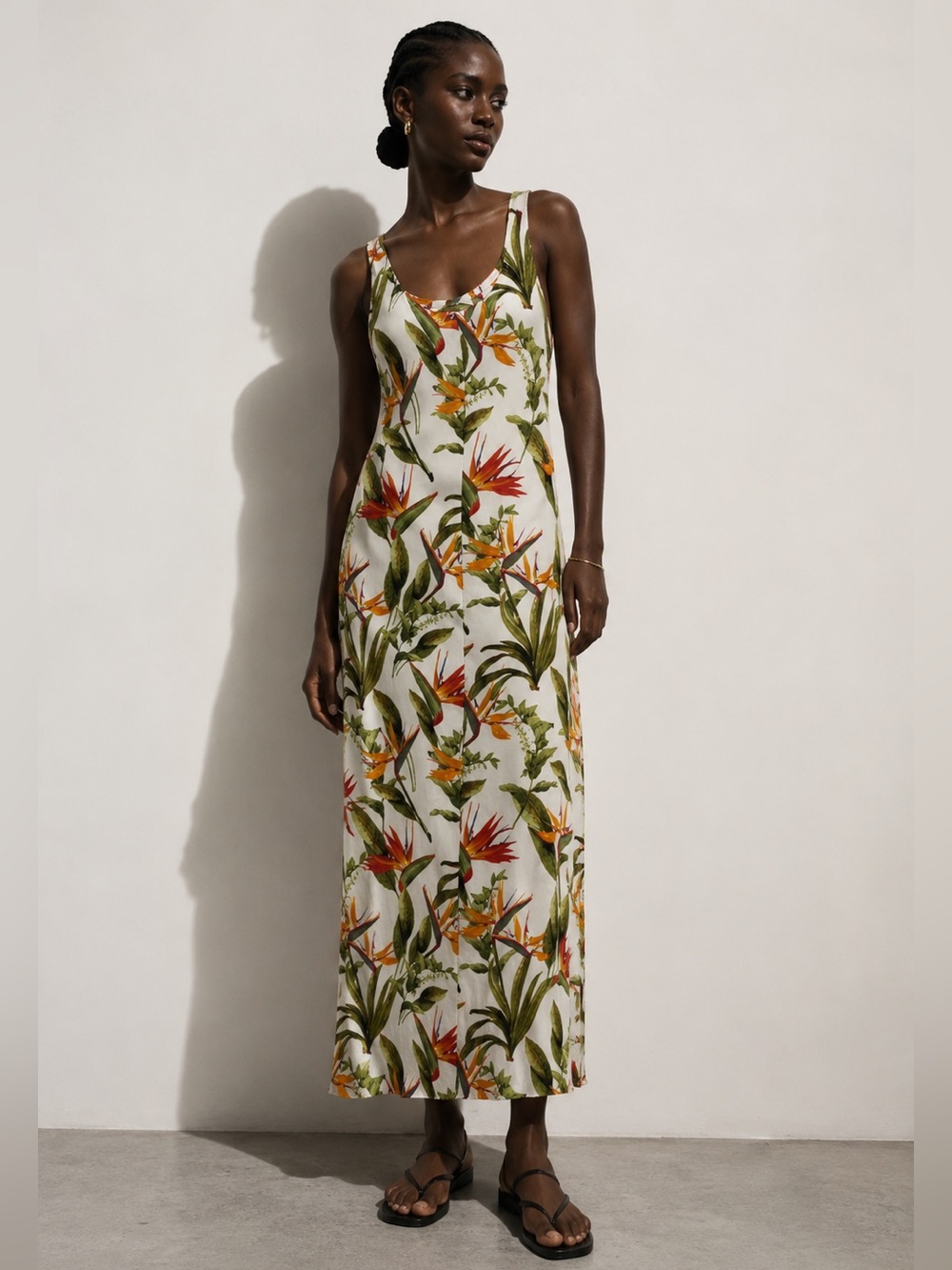2Dye4 Tropical Floral Maxi Dress – White with Orange & Green Print – Women’s - M
